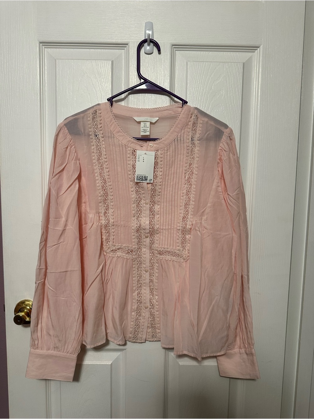 H&M Large NWT Light Pink Lace-Trim Pintuck Blouse - Women Tops